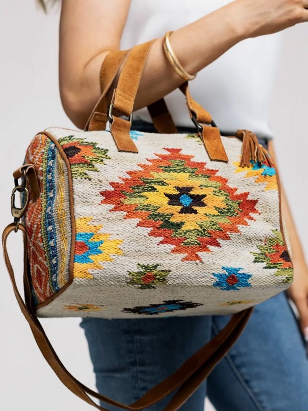 Handwoven Boho Satchel Bag in Cream & Multicolor - Picture 5 of 6